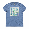 Dental Office Front Desk Shirt - light blue with dental stamp collage graphic