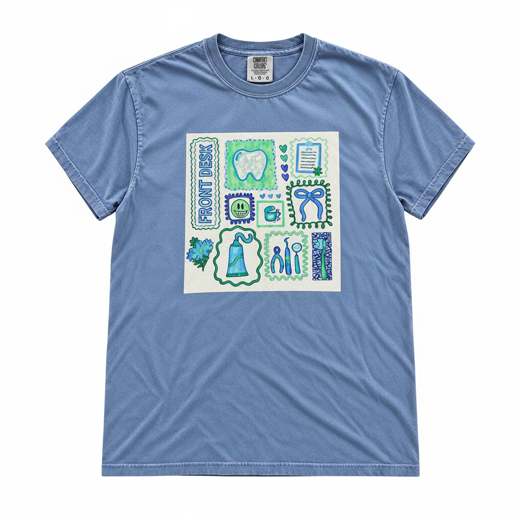 Dental Office Front Desk Shirt - light blue with dental stamp collage graphic