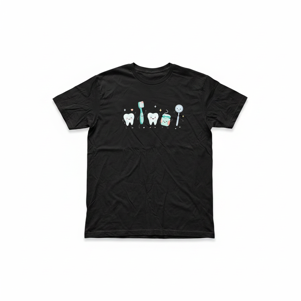 Dental Squad black t-shirt with cute cartoon dental characters